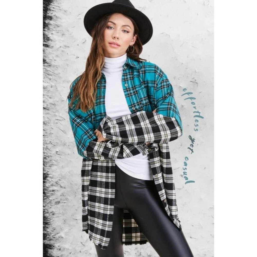 La Miel New  Patchwork Flannel Button Front Pocket Oversized MEDIUM